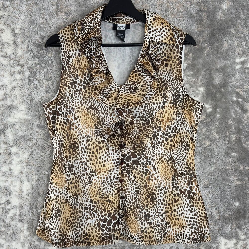 Studio 1940 Womens Size M Leopard Ruffle V Neck Button Top Sleeveless Shirt